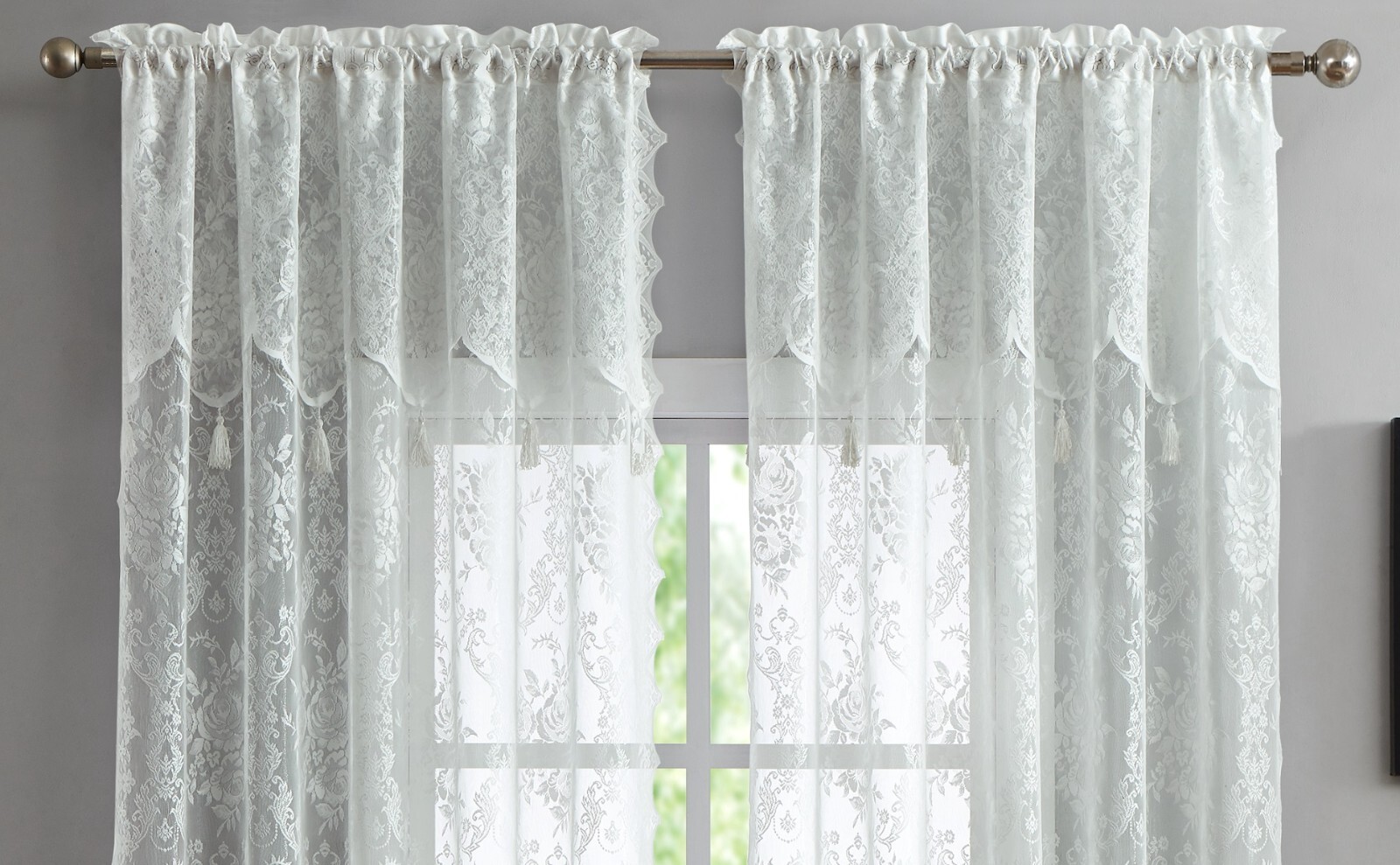 WARM HOME DESIGNS Pair of 2 Sheer Lace Curtains with Attached Valances & Tassels