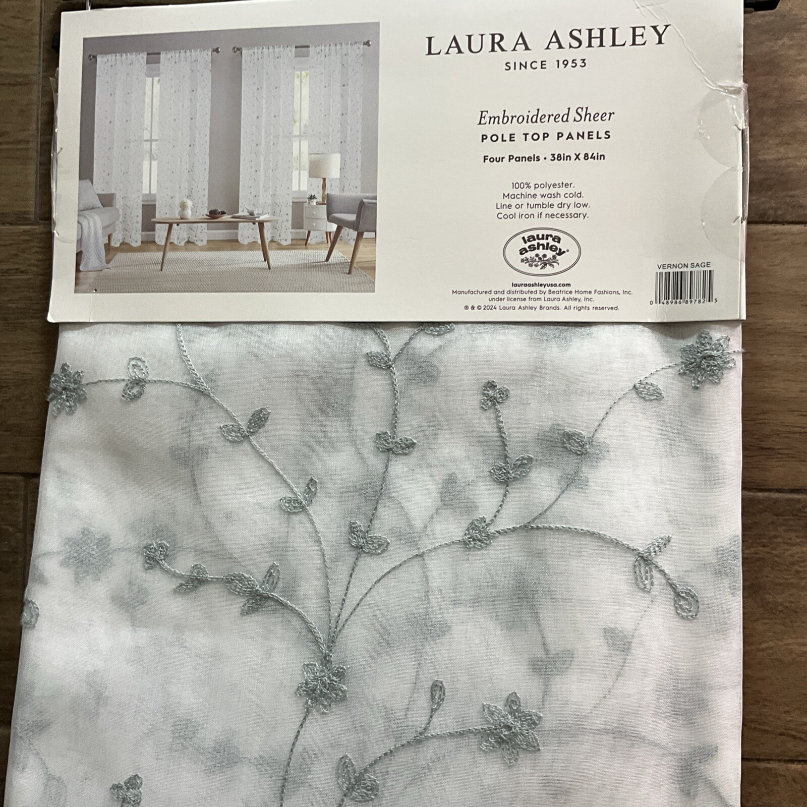 4 Laura Ashley VERNON Embroidered Sage Green Vines Sheer Window Panels 38 x 84”
