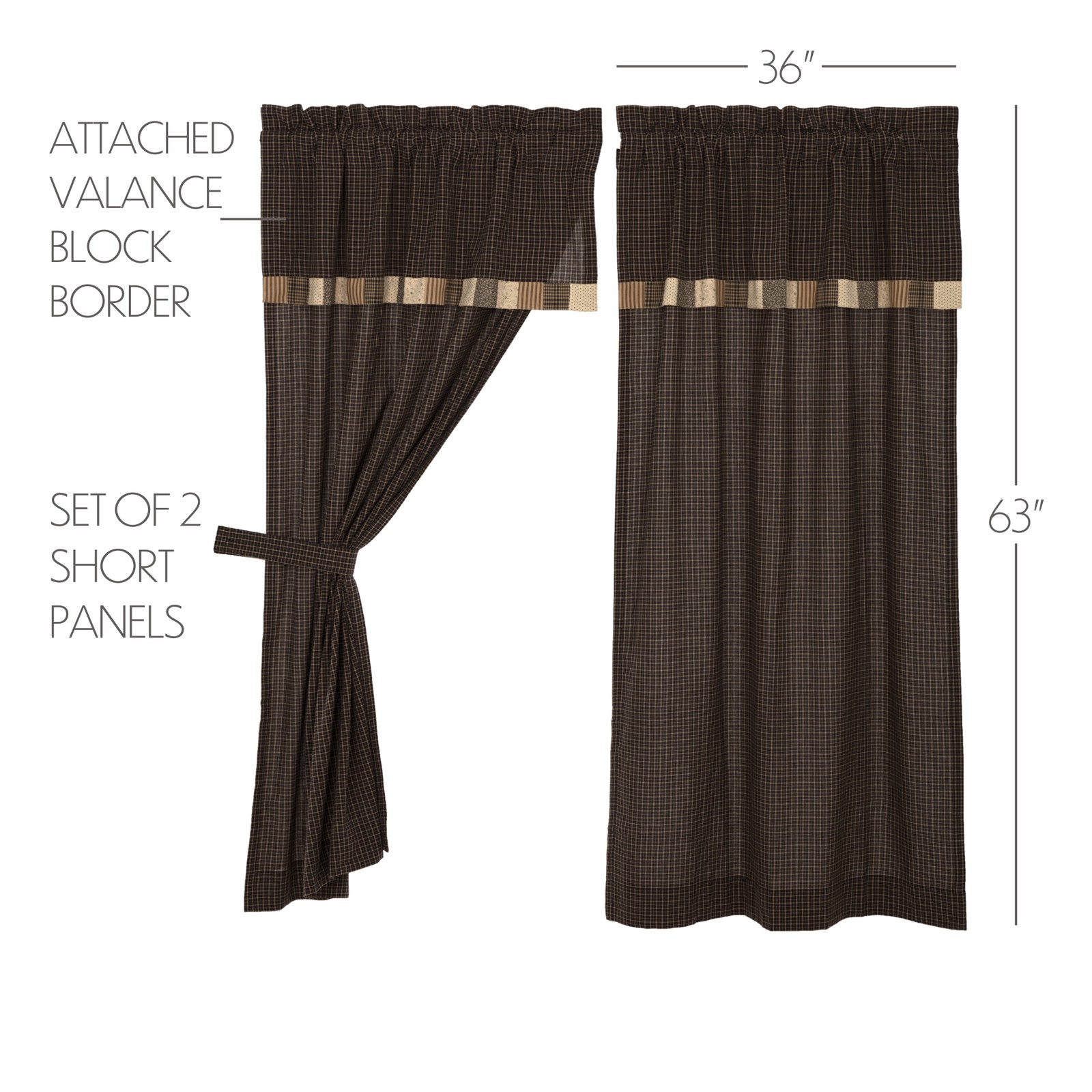 Primitive 63″x36″ Panel Pair Tan Rod Pocket Patchwork Window Curtains VHC Brands