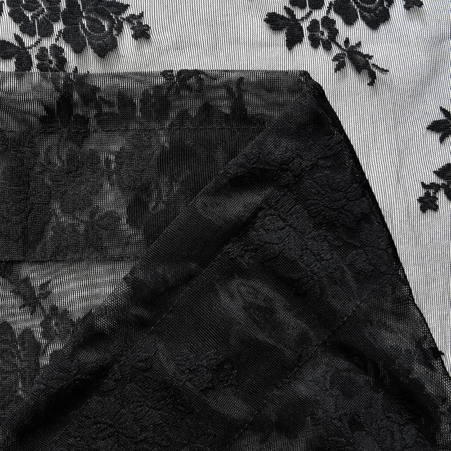 Black Lace Curtains 54 Inch Length 2 Panels, Country Rustic Floral