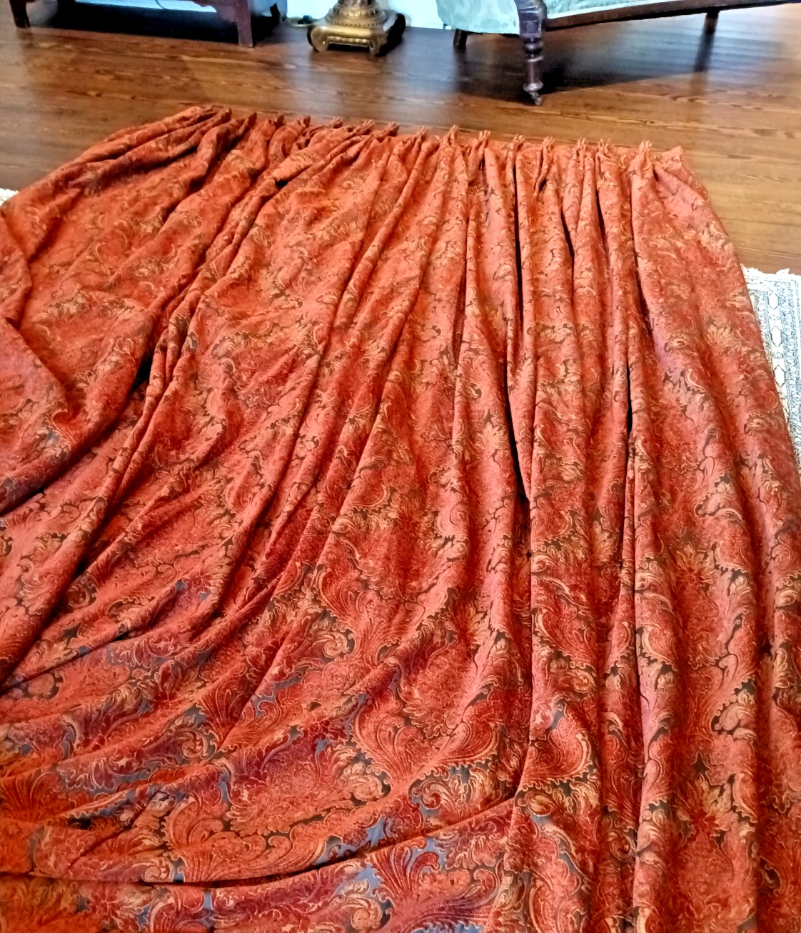 VTG Custom Pinch Pleat Raised Velvet Damask Brick Red/Bronze 122″long x 62″wide