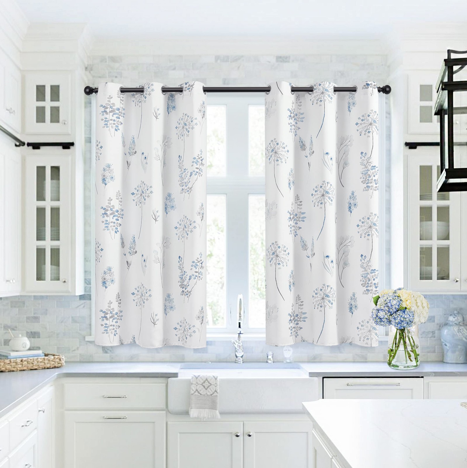 Light Blue Curtains 45 Inch Length for Bathroom Small Window,Print Watercolor…