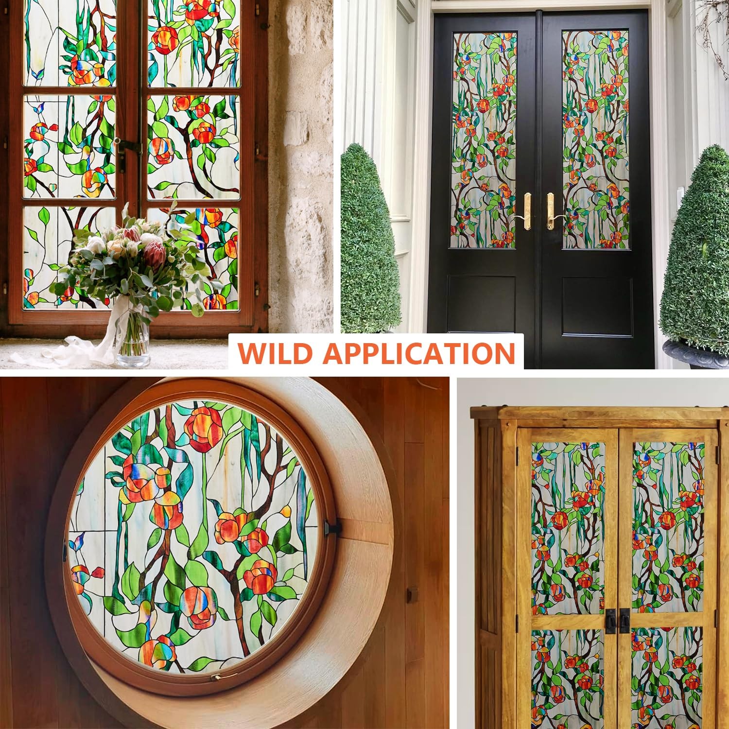 Window Privacy Film Stained Glass Faux 3D Rose Decorative UV Sun Blocking Sta…