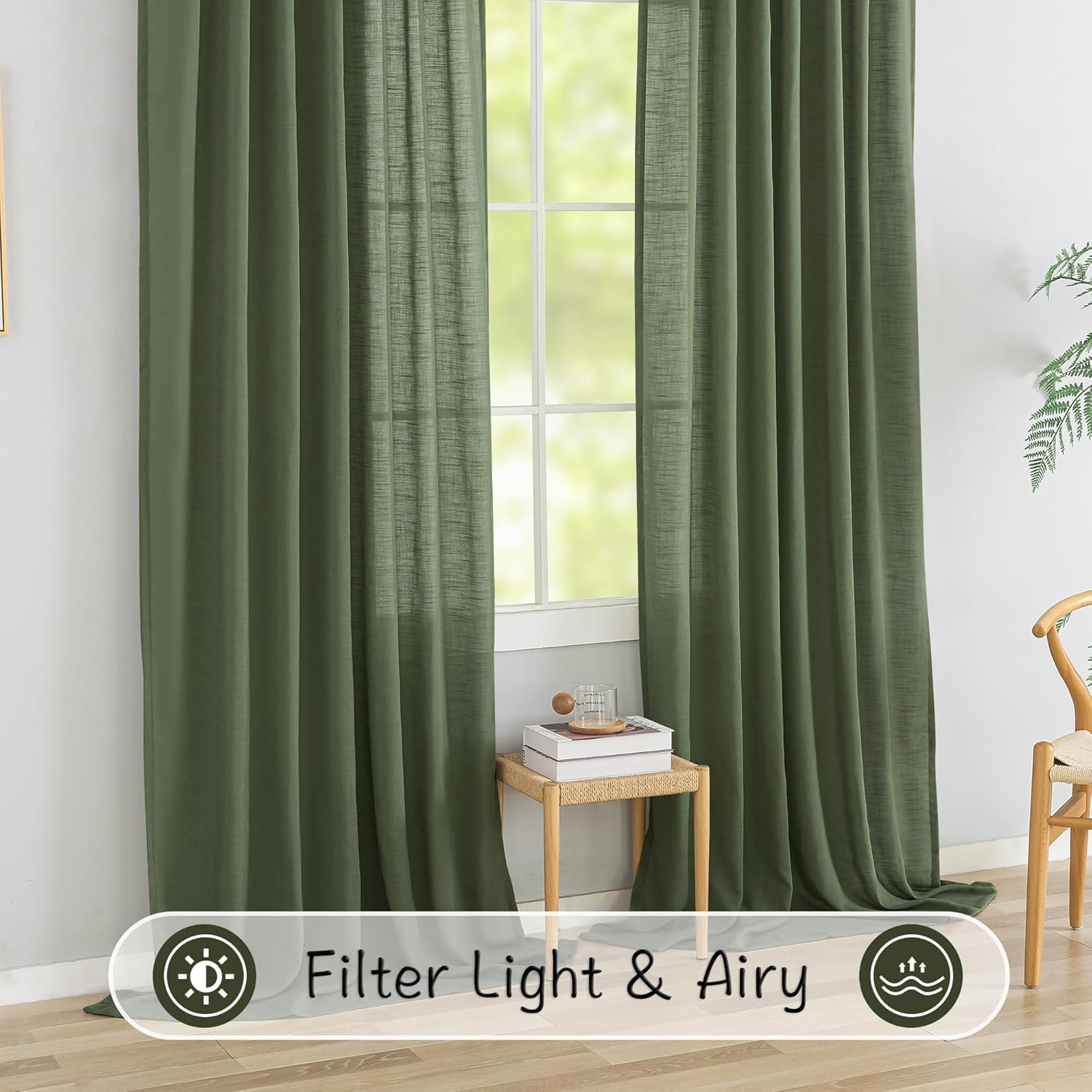 Extra Long Olive Linen Curtains 120″ Semi-Privacy Light Filtering 2 Panels