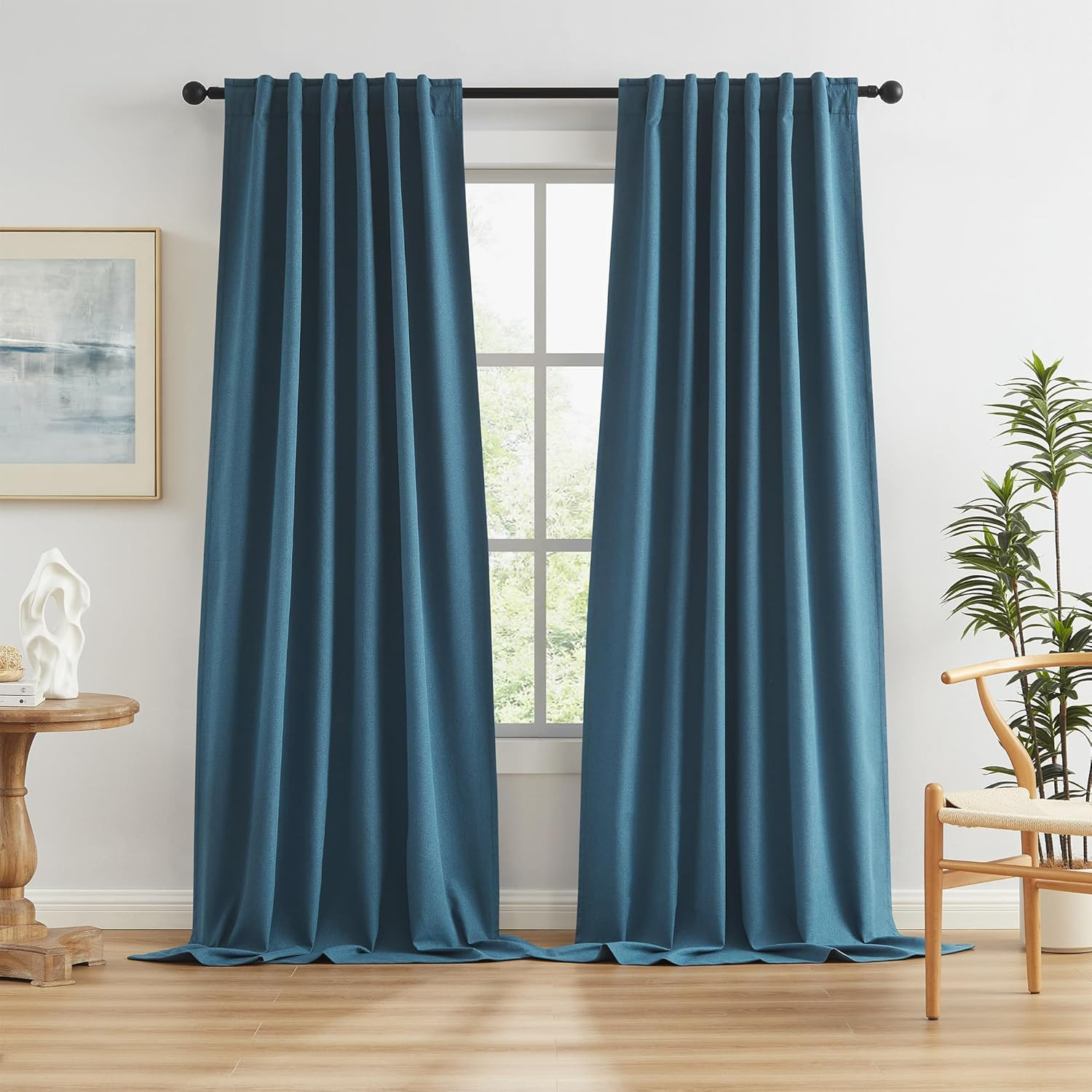 Blue Denim Back Tab Pleated Full Blackout Curtains 102″ Long, 2 Panels Set