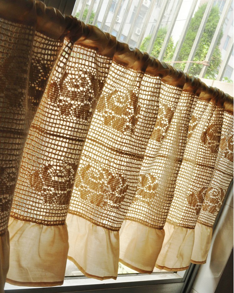Last@Vintage Style Pretty Rose Crochet Lace Wide Frill Beige Kitchen Curtain