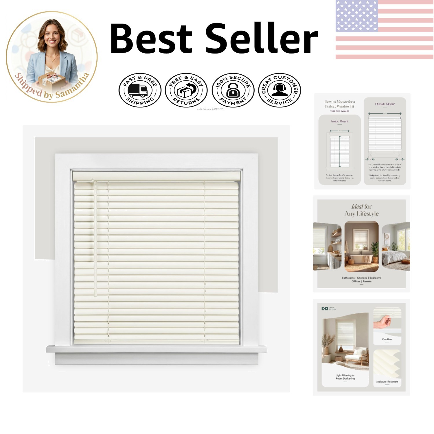 Cordless Mini Blinds, Light Filtering & Durable Vinyl, 29″W x 48″H, Easy Mount