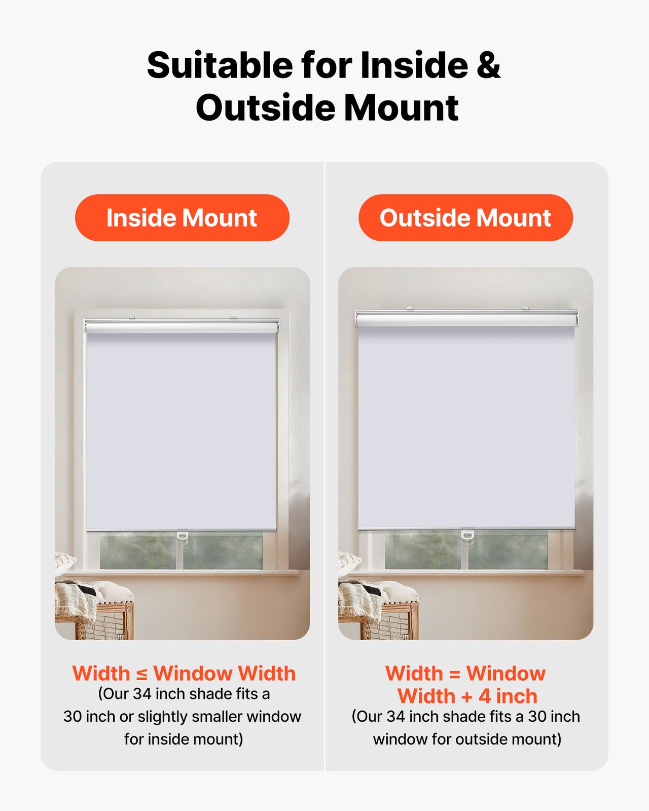VEVOR Cordless Roller Shades Blackout Blinds 34 x 72 in for Windows Home Office