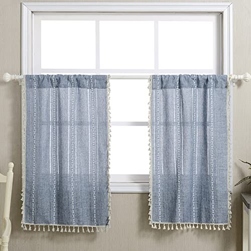 Boho Kitchen Curtains 36 Inch Length French 24″W x 36″L (Pack of 2) Blue