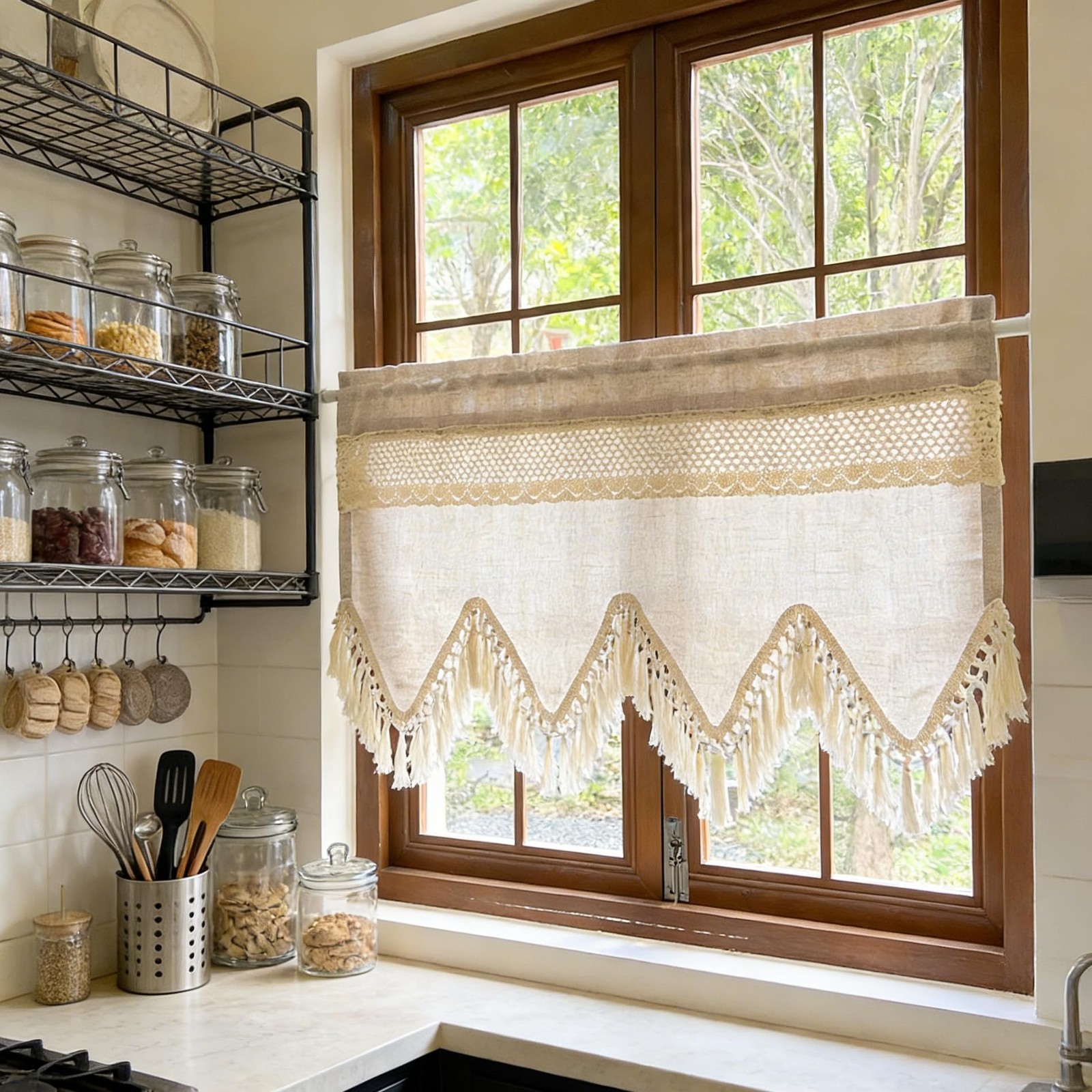 Boho Crochet Lace Valances for Windows Kitchen Macrame Linen Sheer Valances w…