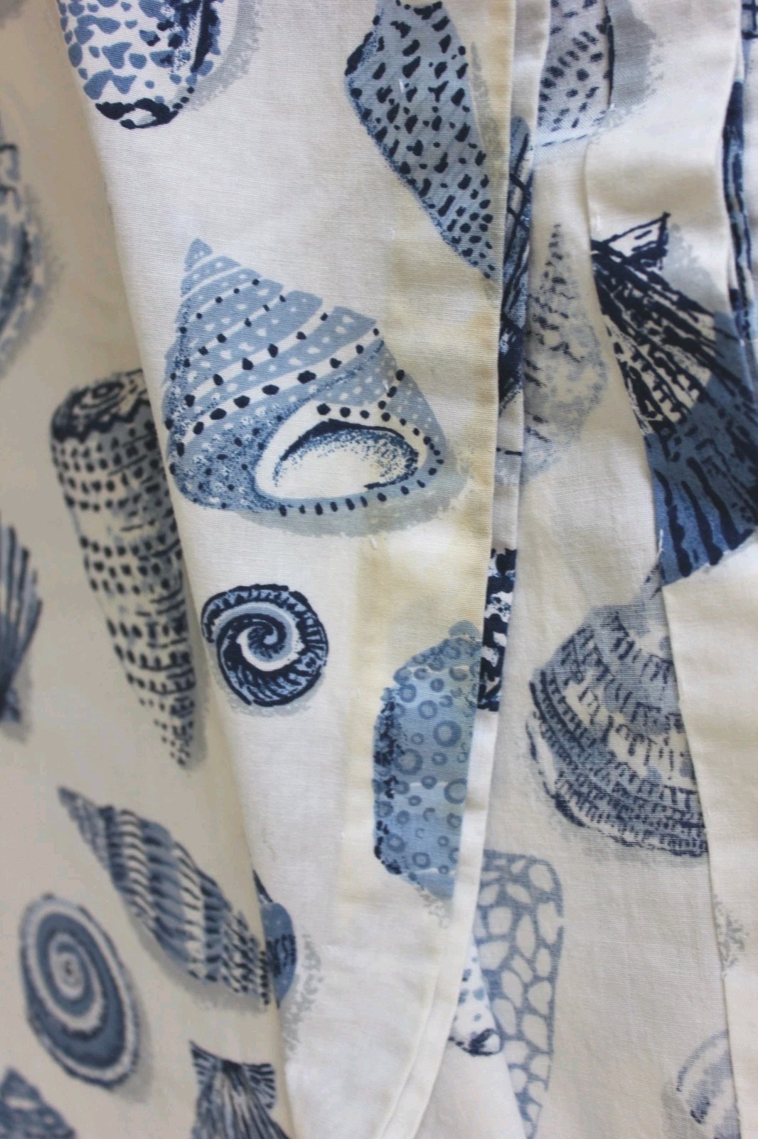 Custom Curtains Blue White Seashell Toile Vtg 3-Pc Drapery Set Beachcomber