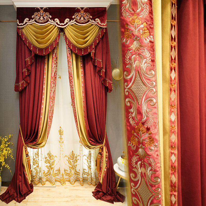 Custom luxury European red velvet embroidery thick cloth curtain valance C922