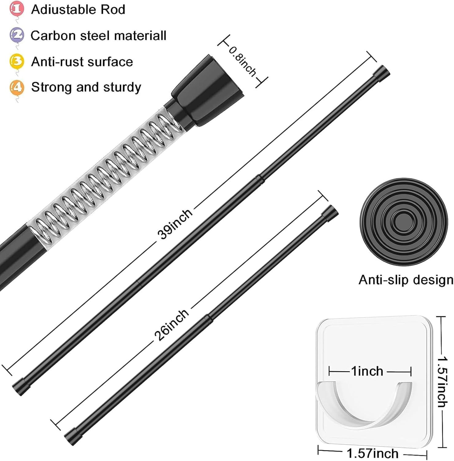 2 Pack Tension Rods Spring Tension Curtain Rod, 26 to 39 Inch Adjustable Black T