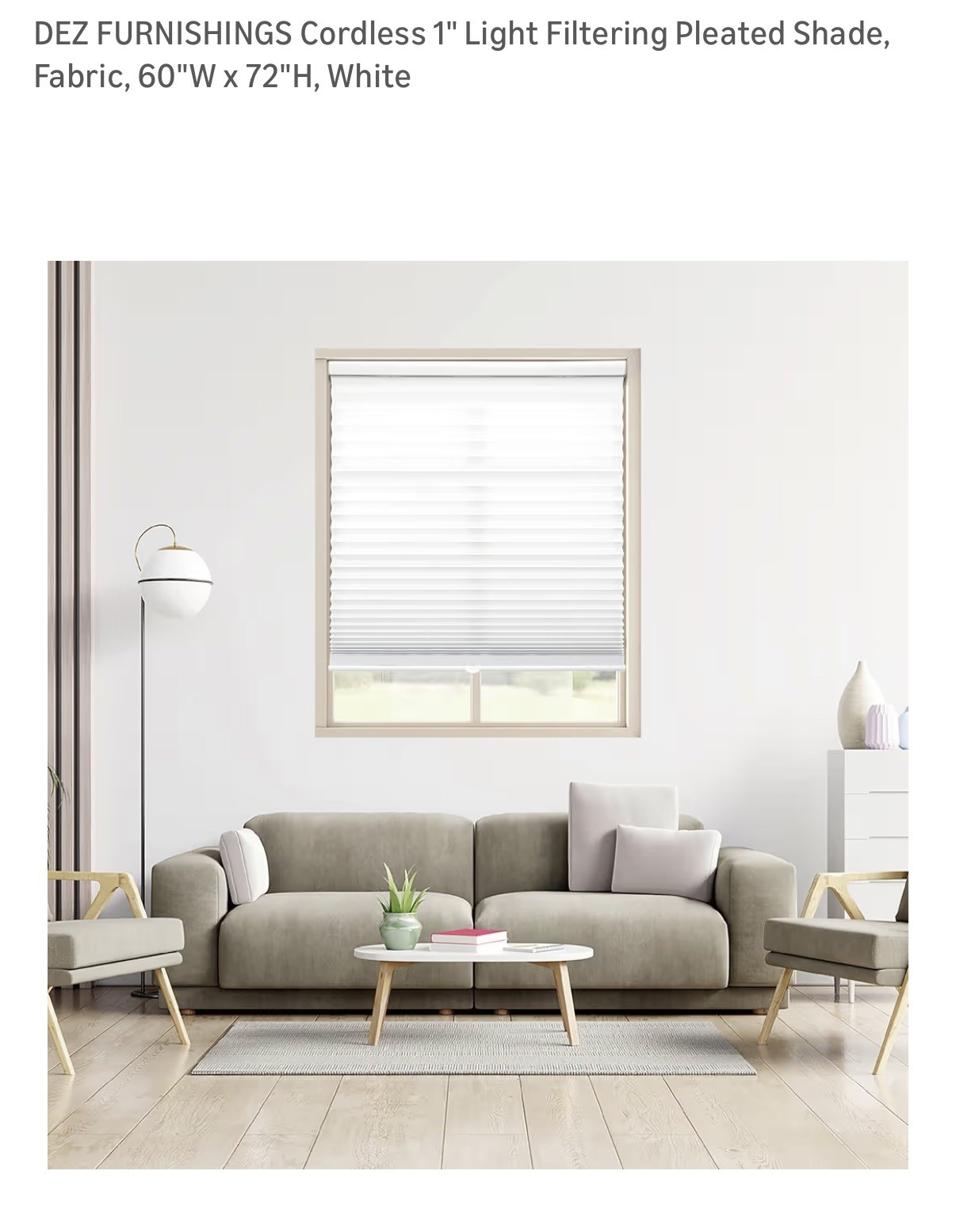 Cordless 1” Light Filtering Pleated Shades. 60”W x 72”H, White