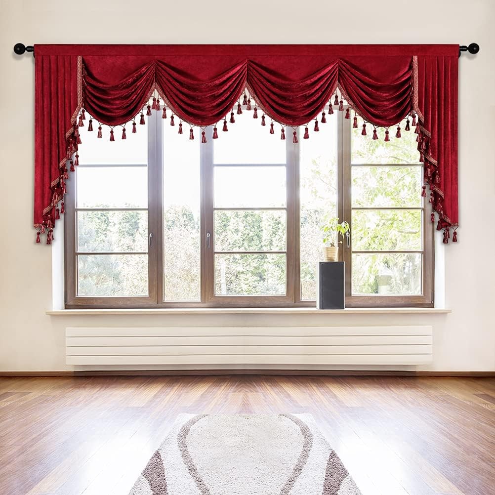 Thick Chenille Window Curtains Valance for Living Room with Tassels Burgundy Red