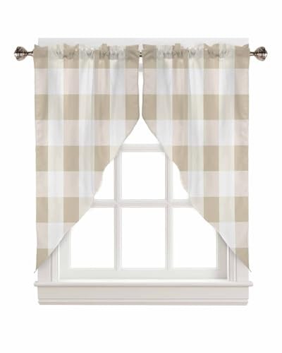 Beige White Plaid Swag Curtains 28″W x 36″L (Pack of 2) White Light Beige