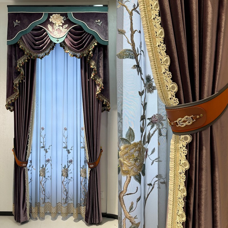 Upscale American pastoral velvet purple cloth curtain tulle valance drape C2083