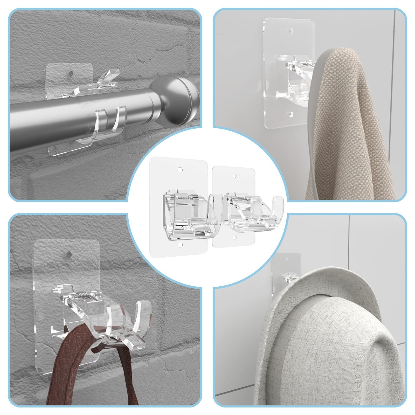 8PCS No Drill Curtain Rod Brackets, Self-Adhesive, Universal Wall Mount, Plastic