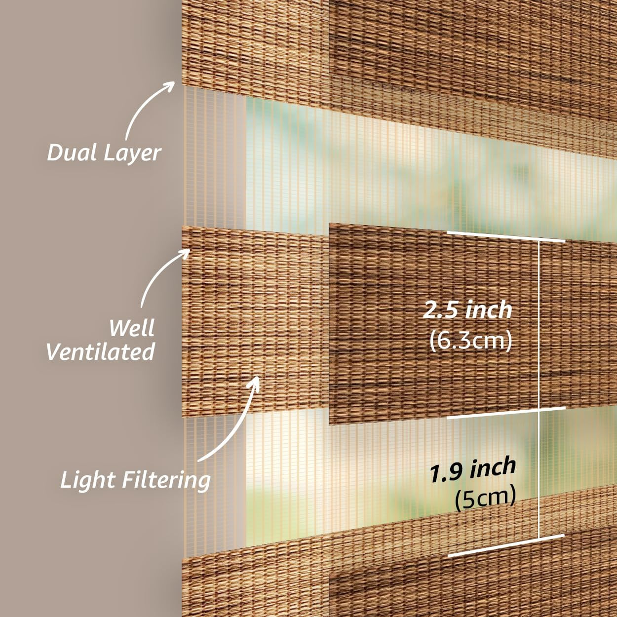 Zebra Roller Blinds – Jacquard Pattern, Light Filtering, 36×64 Inch, Dual Layer