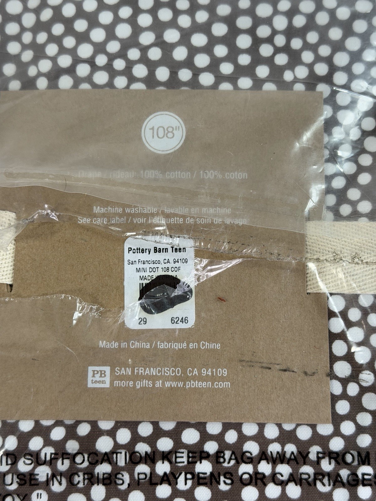 Pottery Barn Mini Dot Drape Curtain Panel 52×108 Brown/White Cotton Rod Pocket