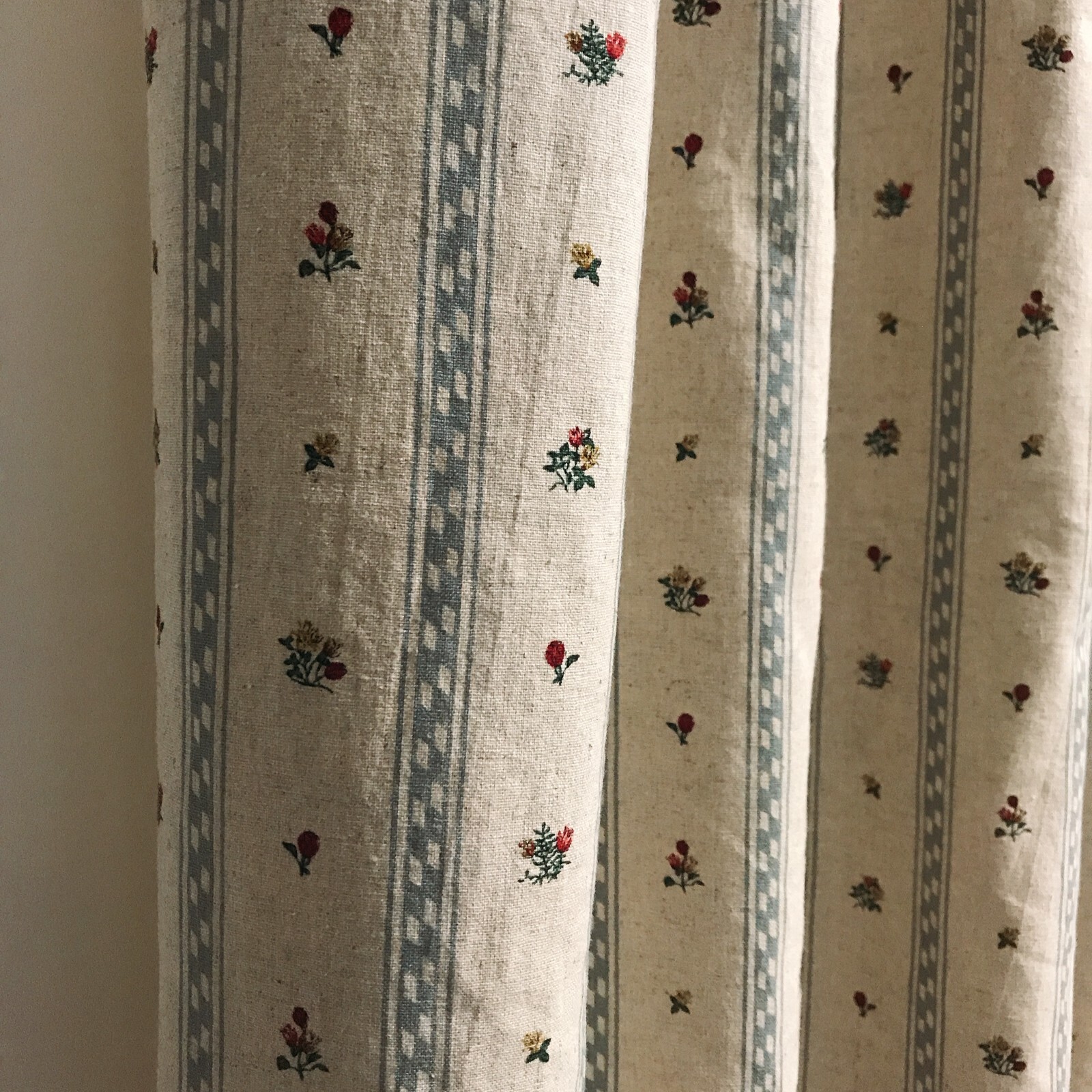 Modern Vintage Handmade Grayish Blue Vertical Stripes Tiny Floral Beige Curtain