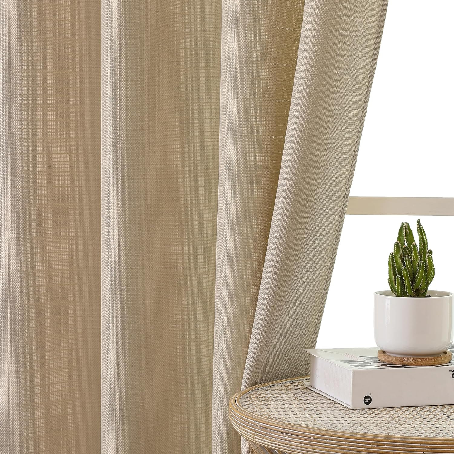 2 Panels Camel Kitchen Curtains 36 Inch Length Tier Curtains, Faux Linen Texture