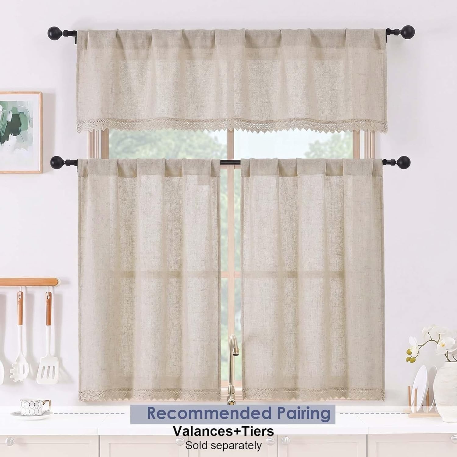 Boho Lace Kitchen Curtains 24 Inch Length – Light Filtering Faux Linen Vintag…