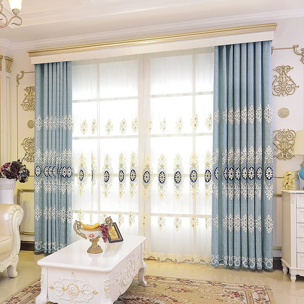 Jacquard Embroidered Curtains for Bedroom Luxury Blue Curtains for Living Roo…