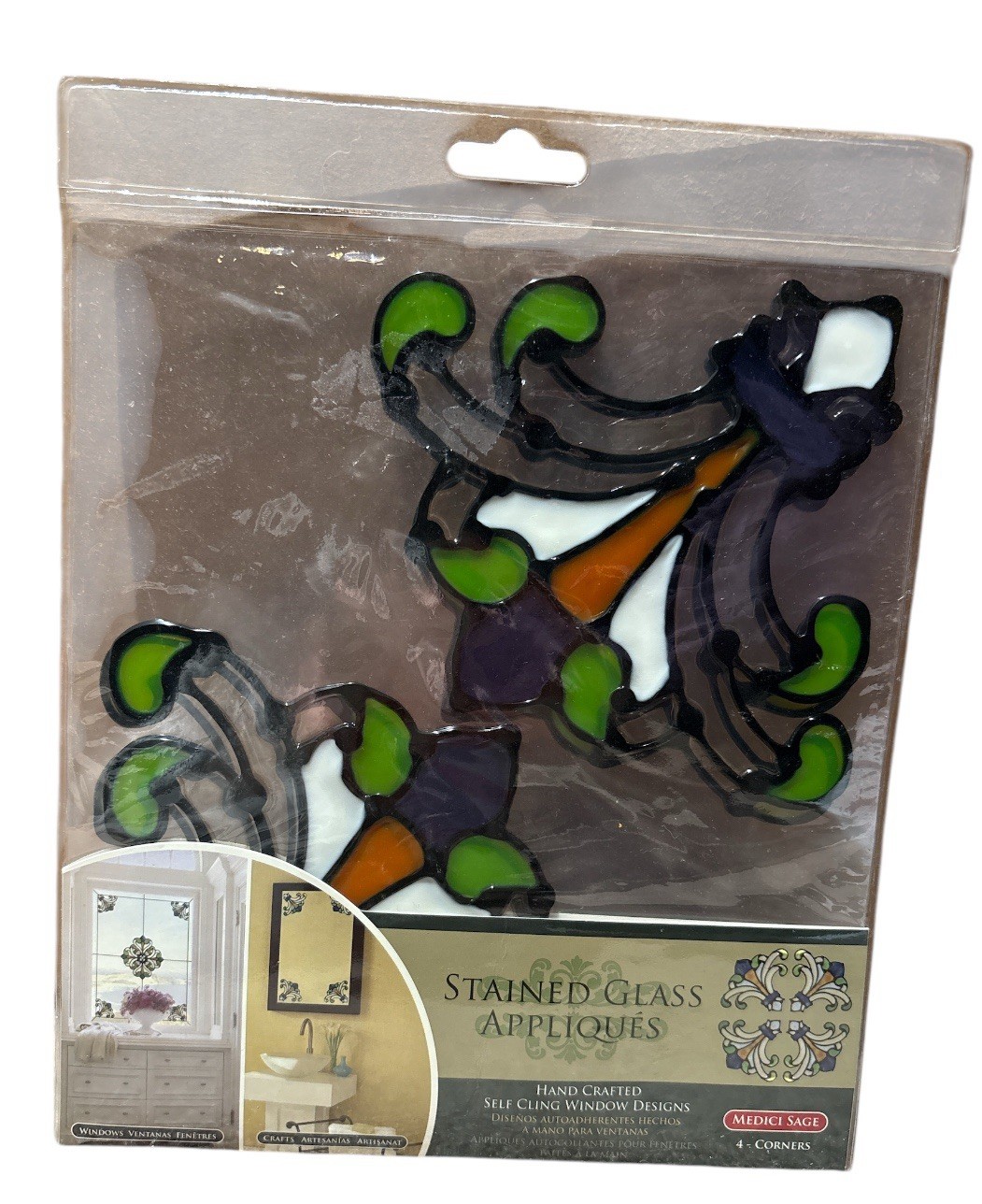 Medici Sage Corner Stained Glass Appliqués Repositionable VTG