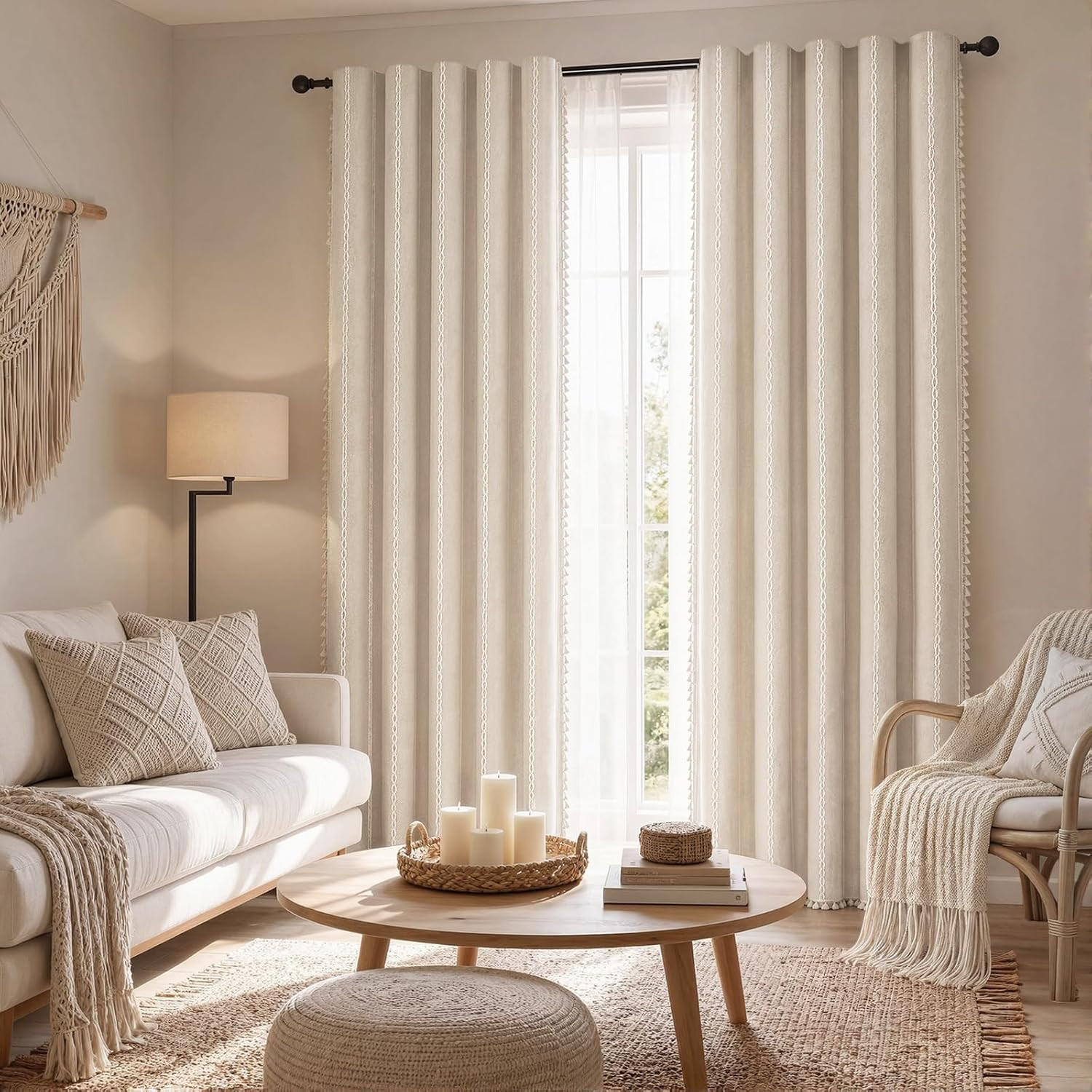 Boho Blackout Curtains 2 Panels 84 Inch for Living Room Bedroom, Beige Linen Tex
