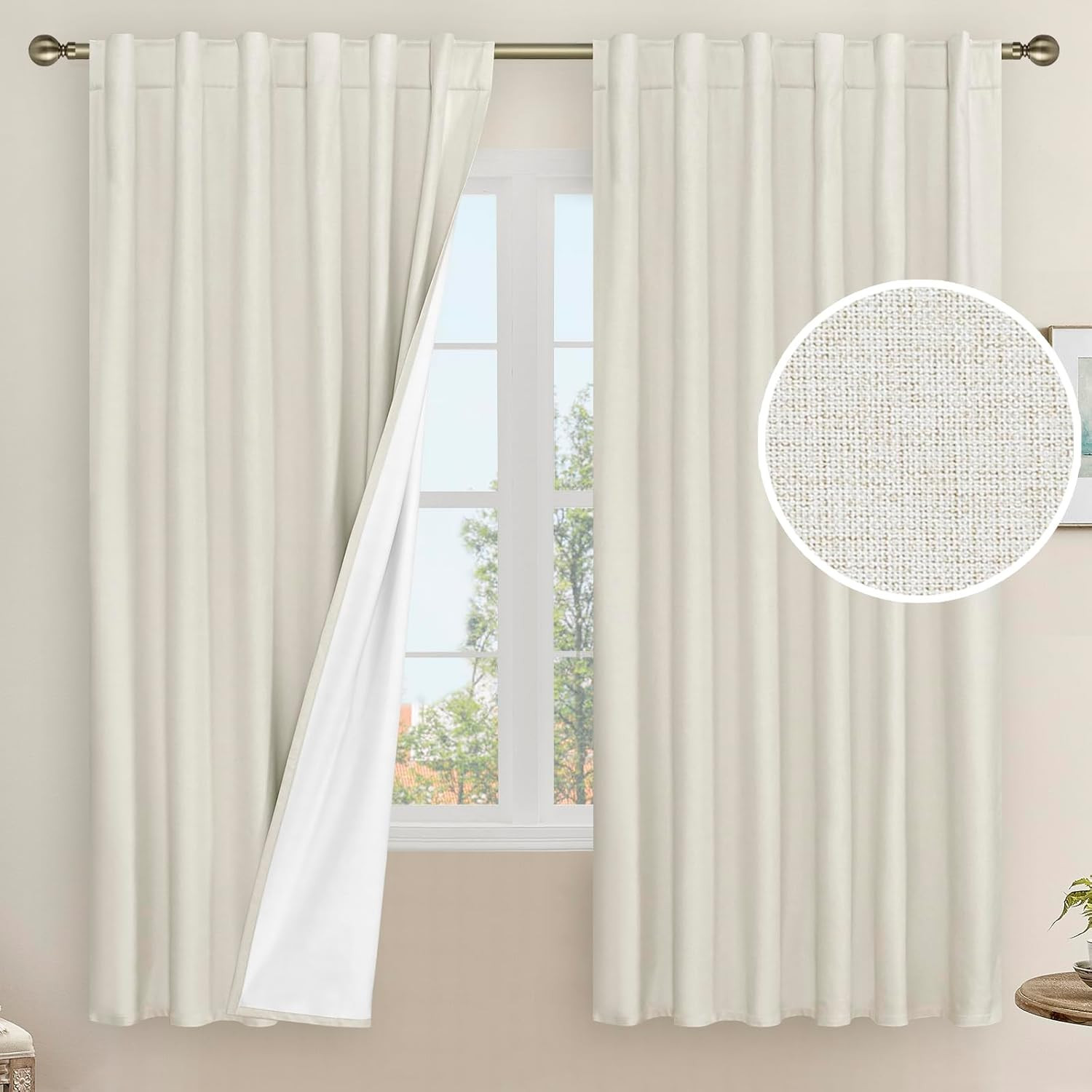 100% Blackout Oatmeal Linen Curtains, 63 Inches Linen Textured Thermal Bedroom C