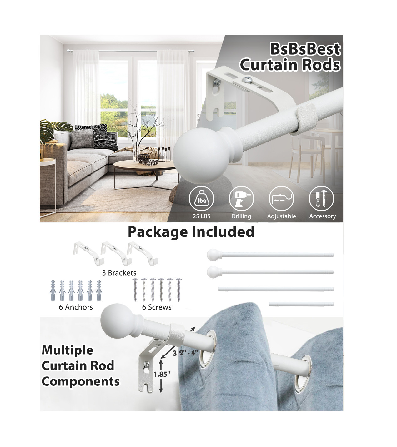 For Window size 36″-62″ long Matte White HD metal Window Curtain Rod rail 1 pack