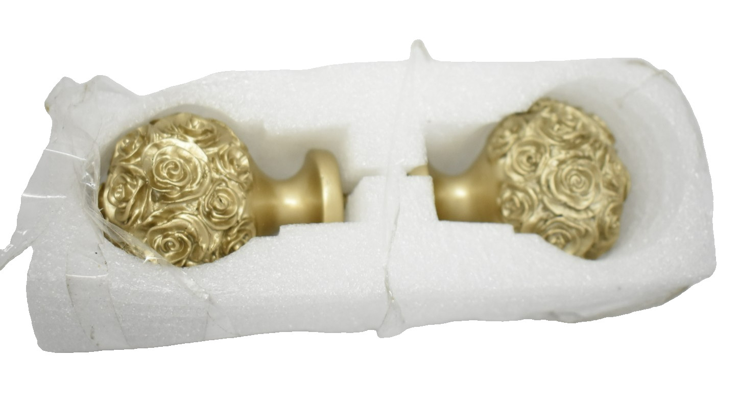 Fancy Pair of Decorative Curtain Rod Finials Gold Finish Roses Curtain Rod