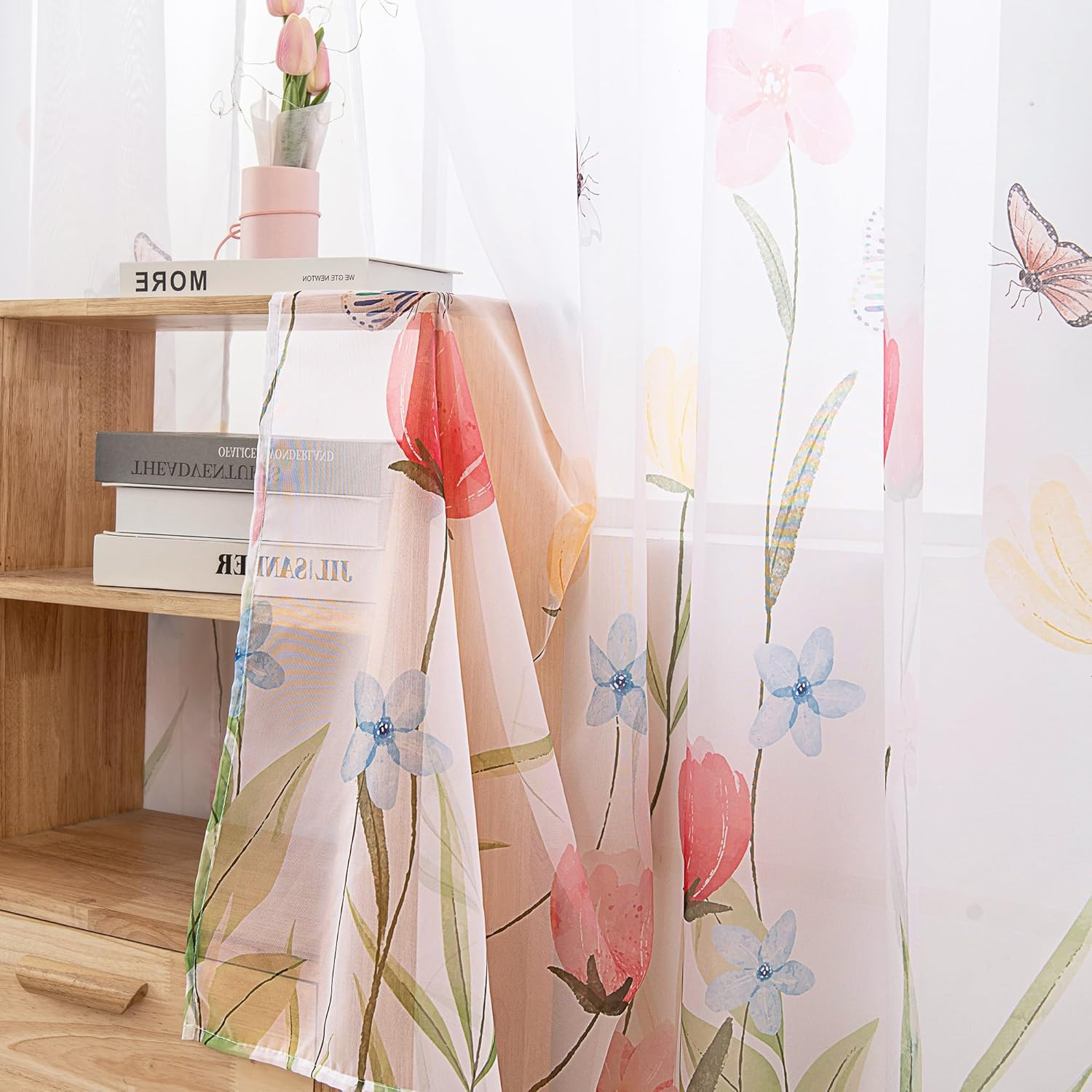 Floral Sheer Curtains 63 Inch Long 2 Panels Butterfly Flower Print Voile Drapes