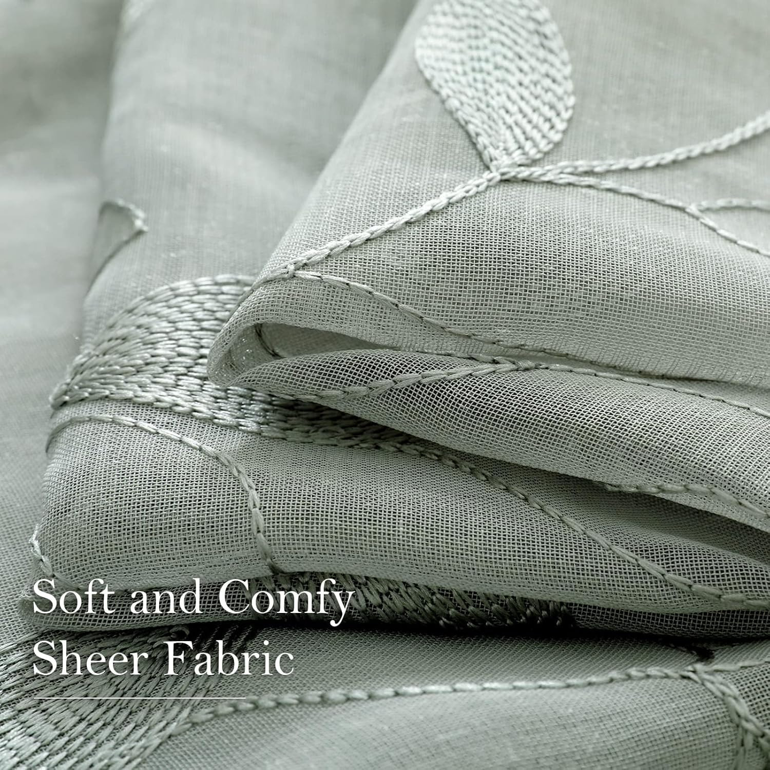 Sage Green Sheer Curtains 52 X 63 Inches Length 2 Panels Embroidered Leaf Patter