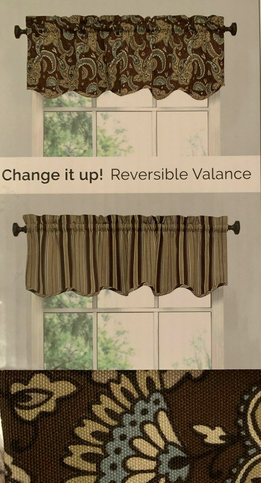 ELLERY Reversible Valance Drexel CHOCOLATE with a Touch of Blue 50″ x 14″ NEW