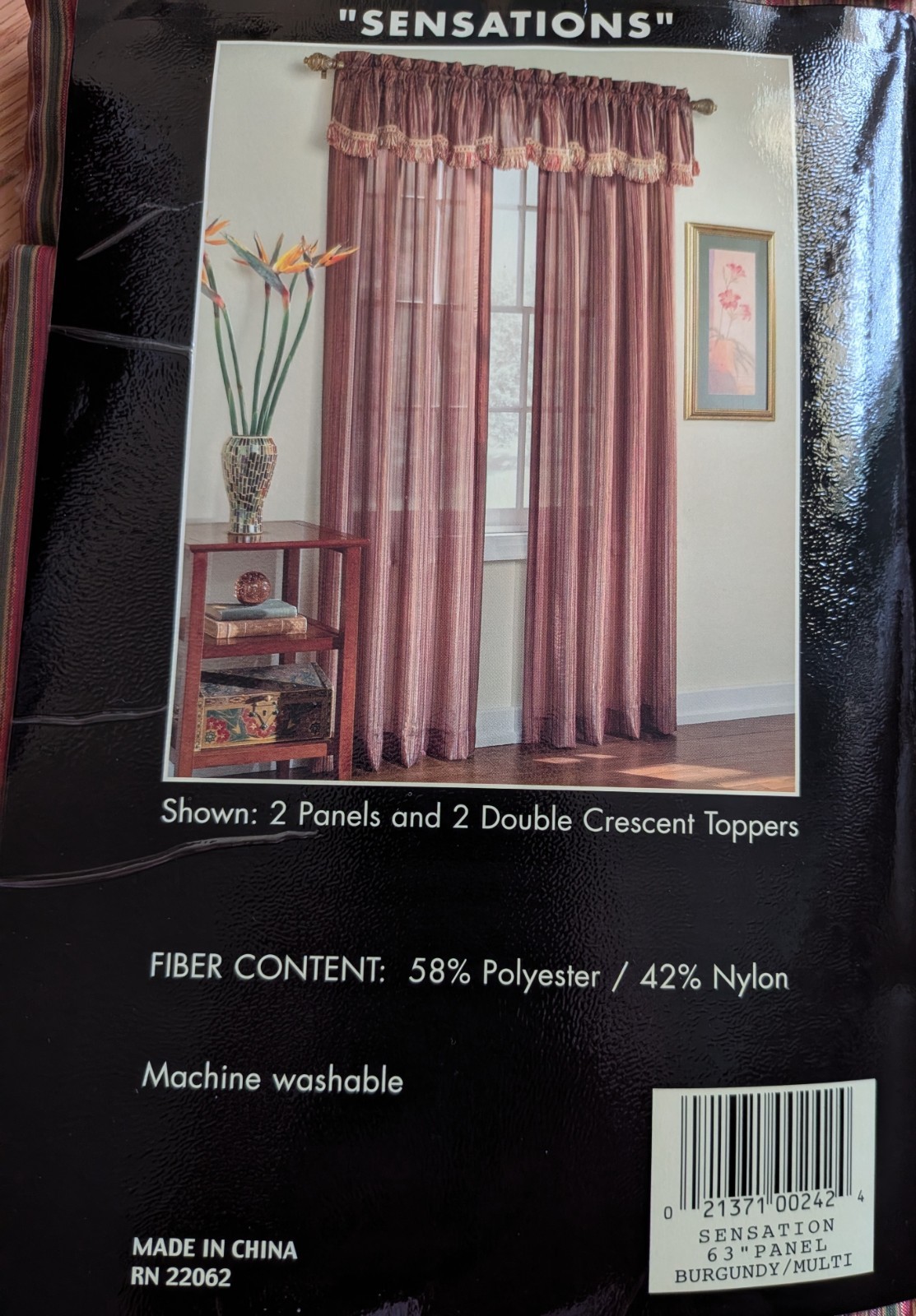 United Sensations Sheer Stripe Curtain Panel 63in + 50×15 Topper Fringe
