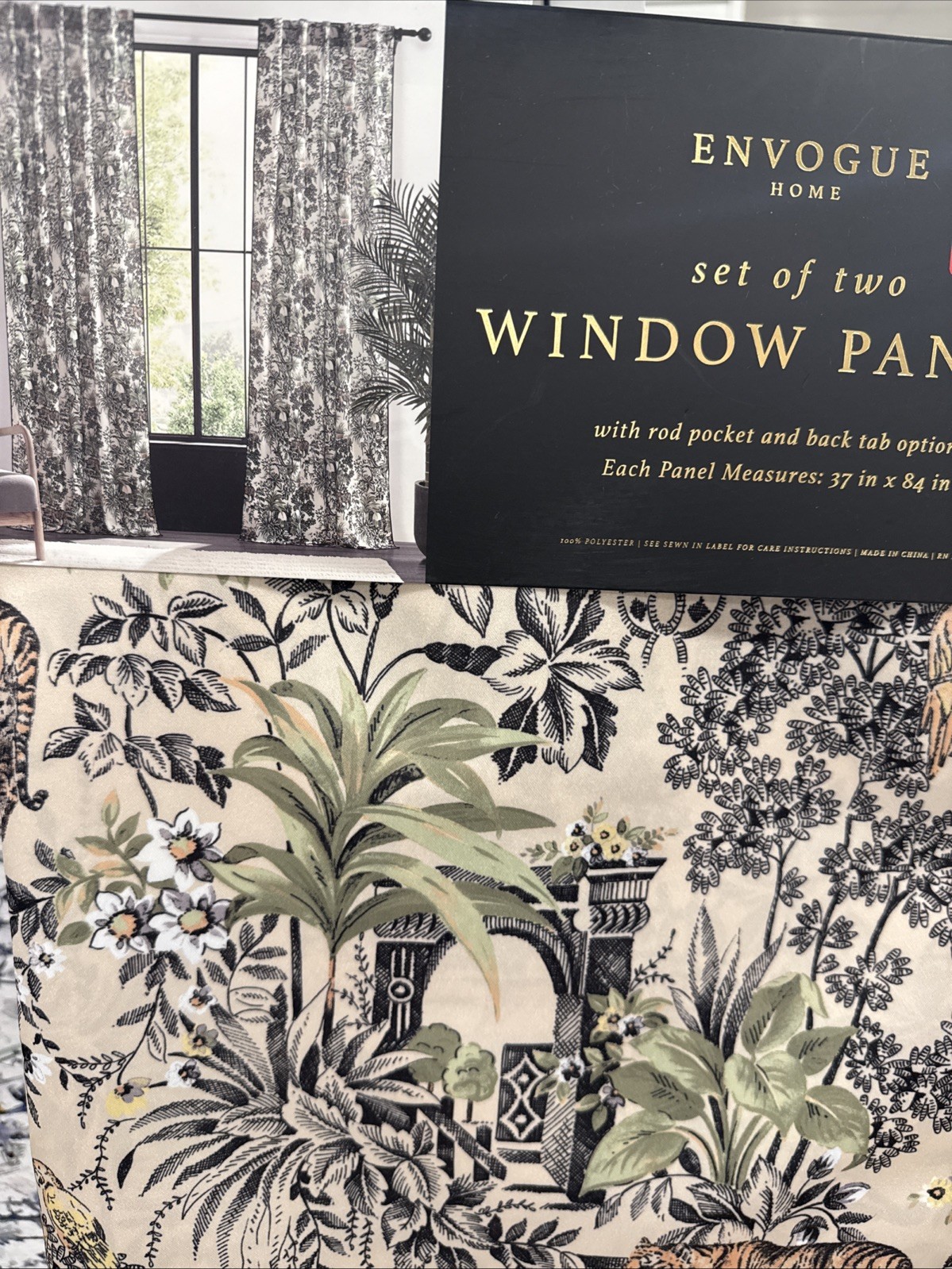 (2) EnVogue Jungle Asian Tiger Bird Back Tab Window Panels 84” New~