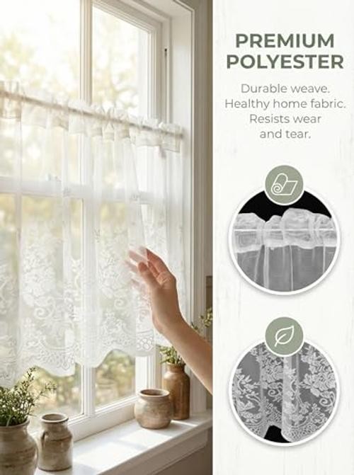 White Lace Valances for Windows 51x16inch, Lace Floral Embroidered Semi Sheer