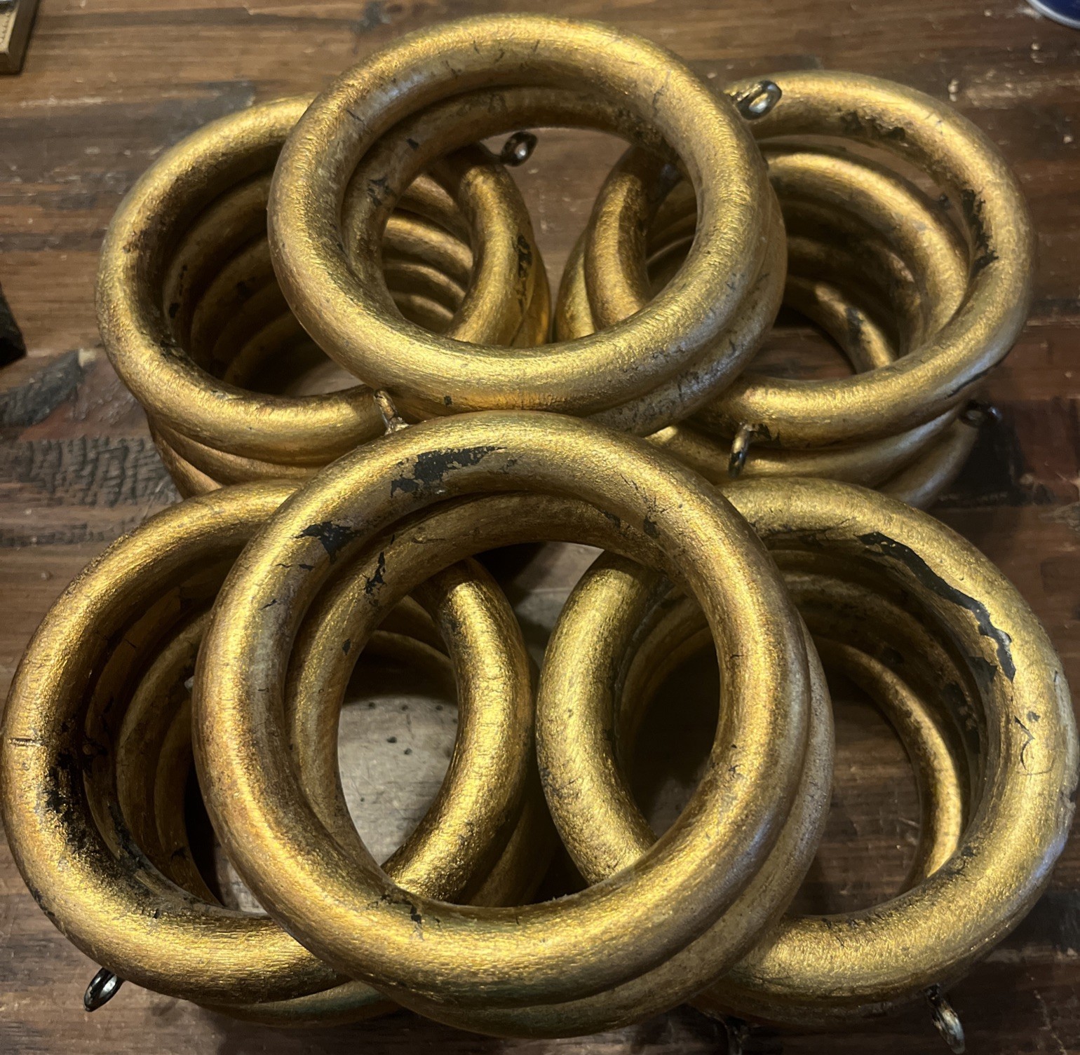 24 Gilded Distressed Gold Rings For 3 1/2” Wood Pole for Window Drapes Approx 5”