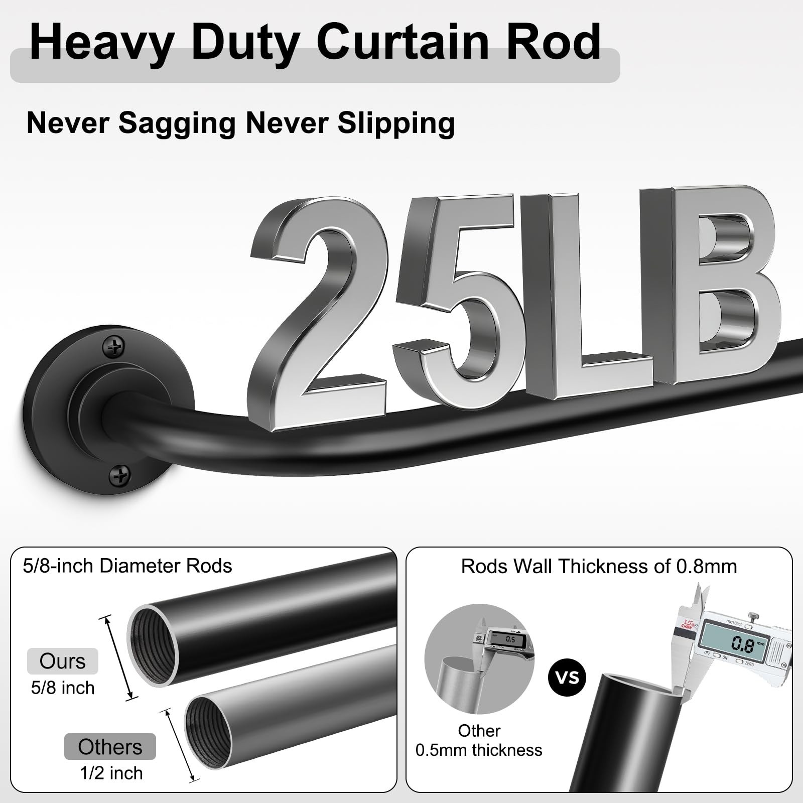 2 Pack Curtain Rods for Windows 28 to 48 inch, 5/8 Inch Black Curtain Rod, Ad…