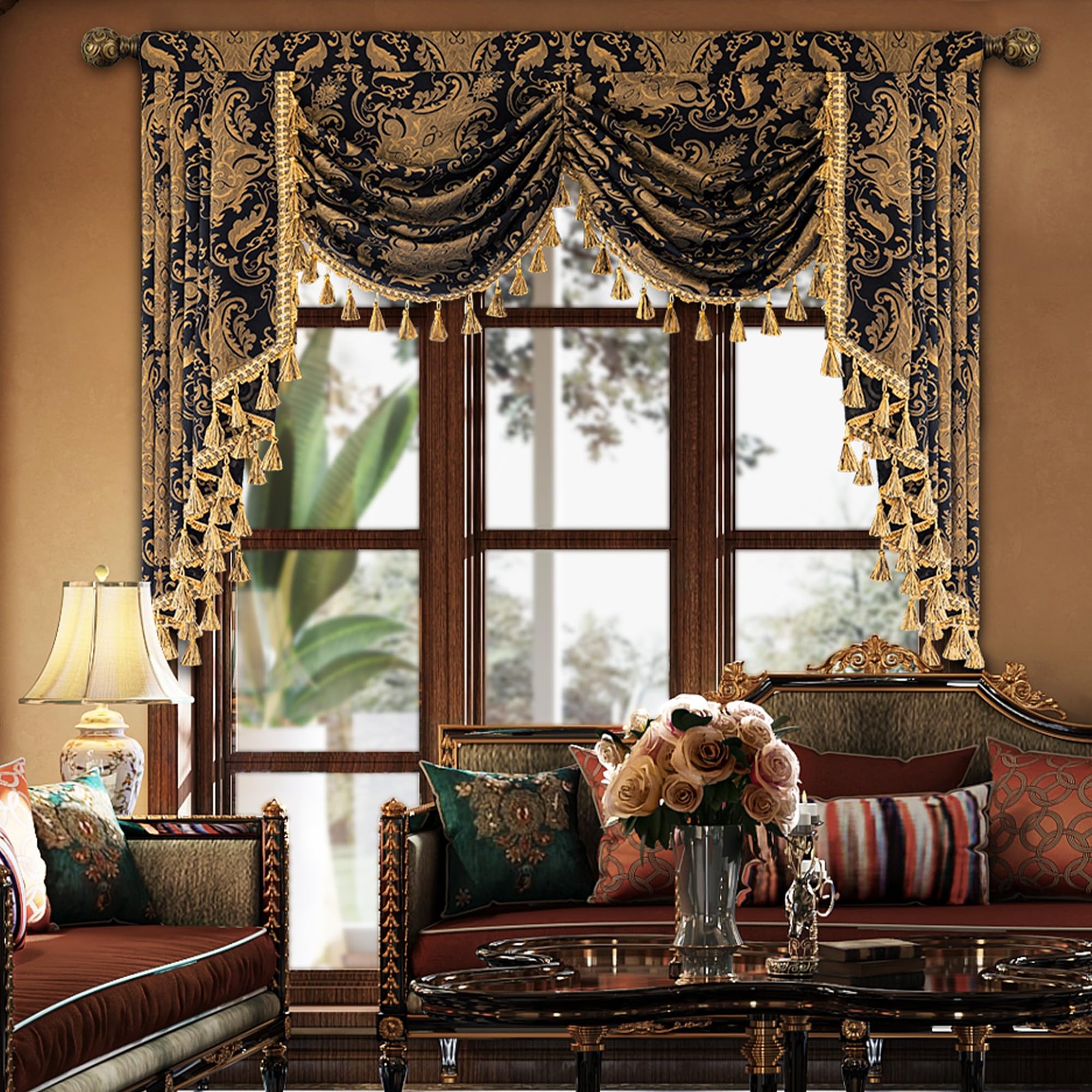 Luxury Waterfall Valance for Living Room, Classic Damask Jacquard Swag Valanc…