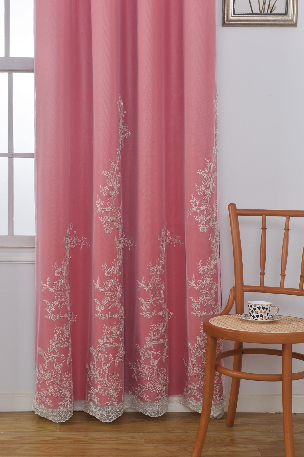 2 Panels 52x63inch Double Layer Curtains with Embroiered Sheer, Grommet Drapes