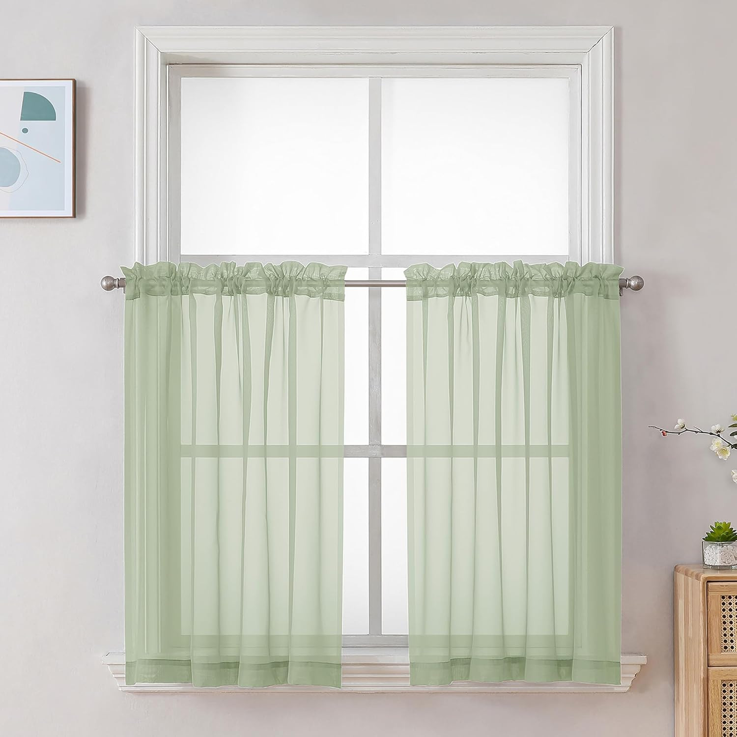 Light Green Sheer Curtains 36 inch Length 2 Panels Set, Light Filtering Voile Sh