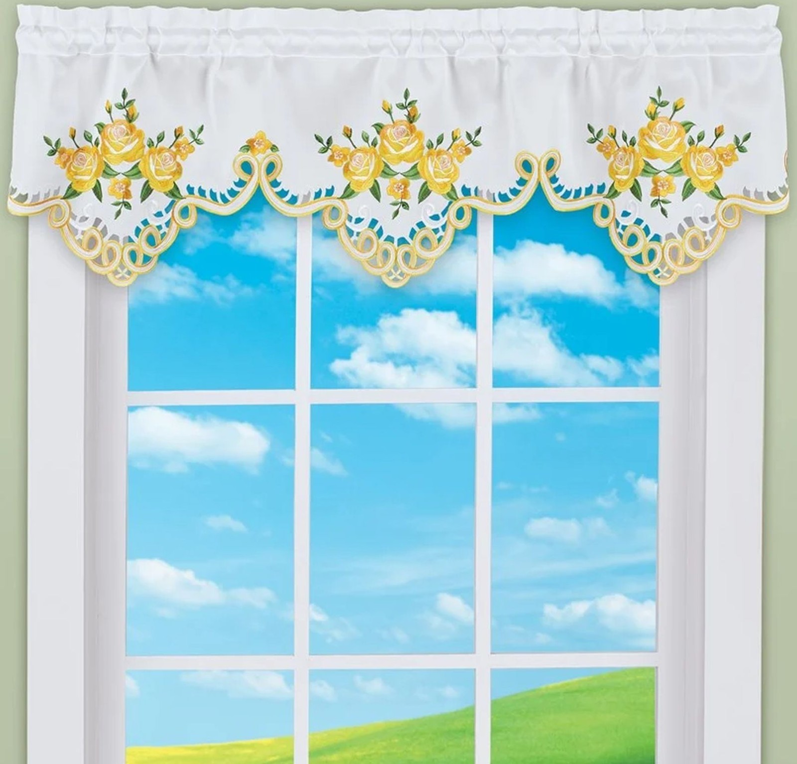 1 Embroidered Cut-out Window Valance (17″Lx58″W) SPRING FLOWERS,YELLOW ROSES, CE