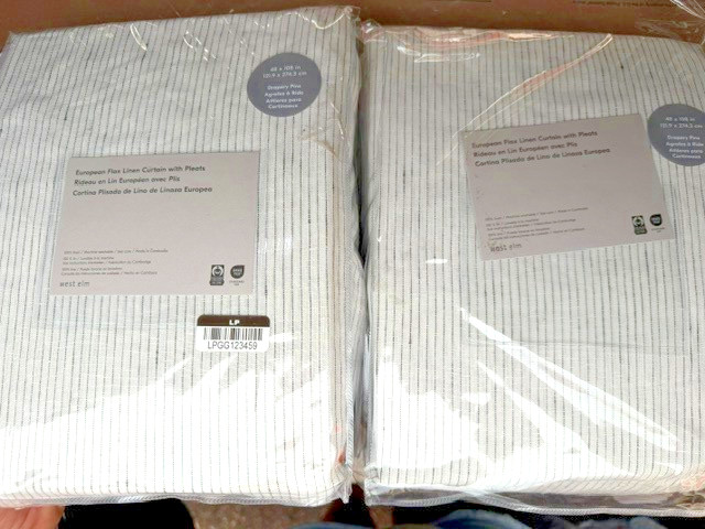 West Elm Set 2 Pleated European Flax Linen Curtains Charcoal Pinstripe 108″