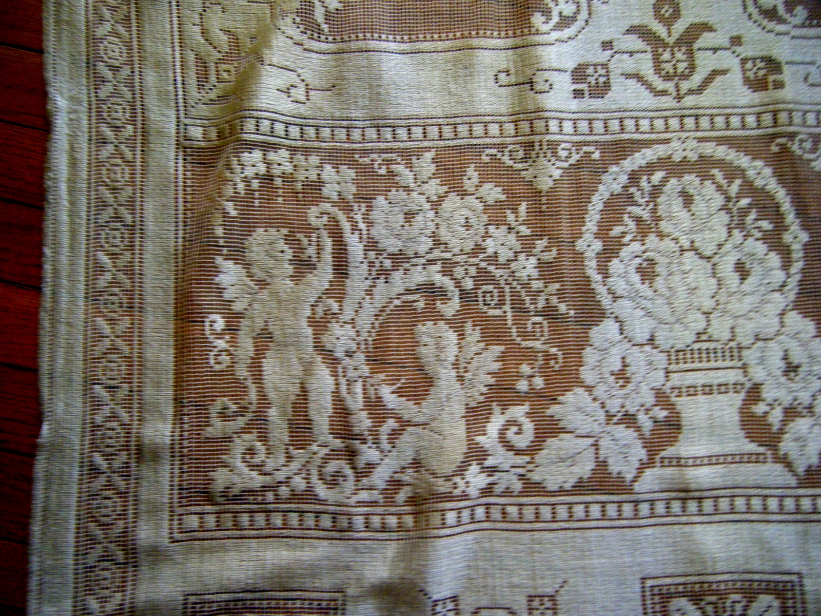 Antique 19c curtain panel darnet silk filet net cherubs flower garland fringes