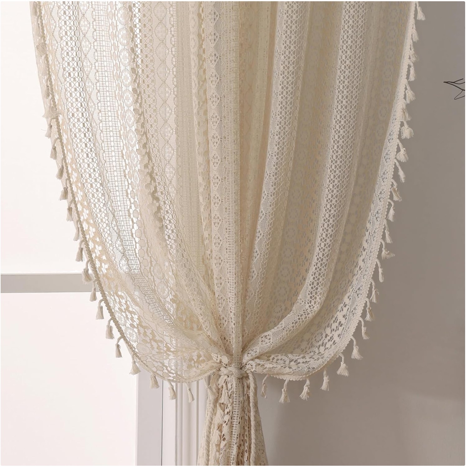 Bohemian Cotton Lace Panels – Charming 63 Inch Curtains with Tassels (Set of 2)