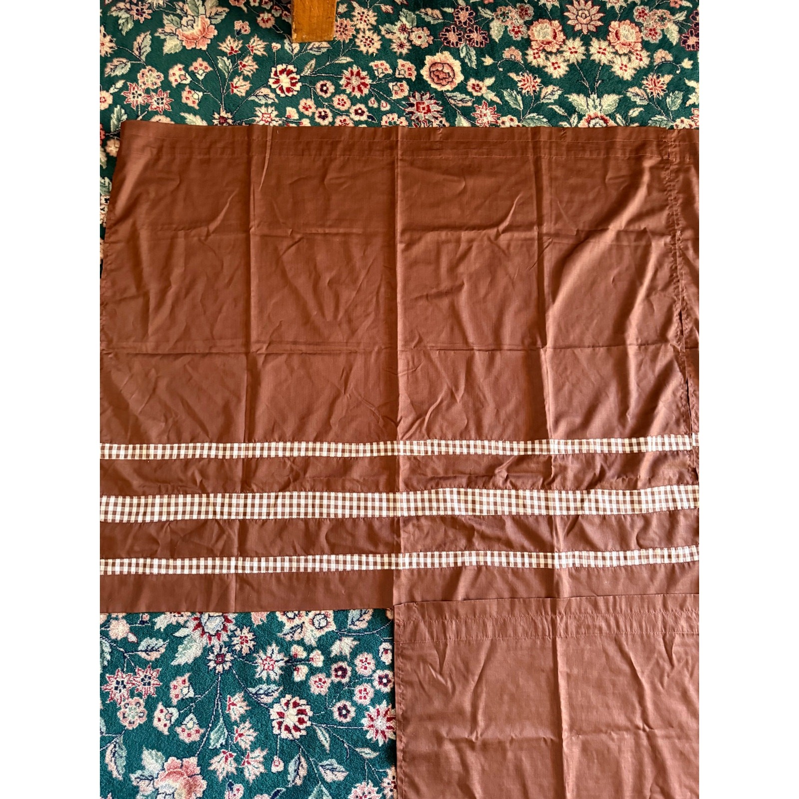 Vintage 1980s Handmade Brown Gingham Check Curtain Panels Set of 3 Cottagecore