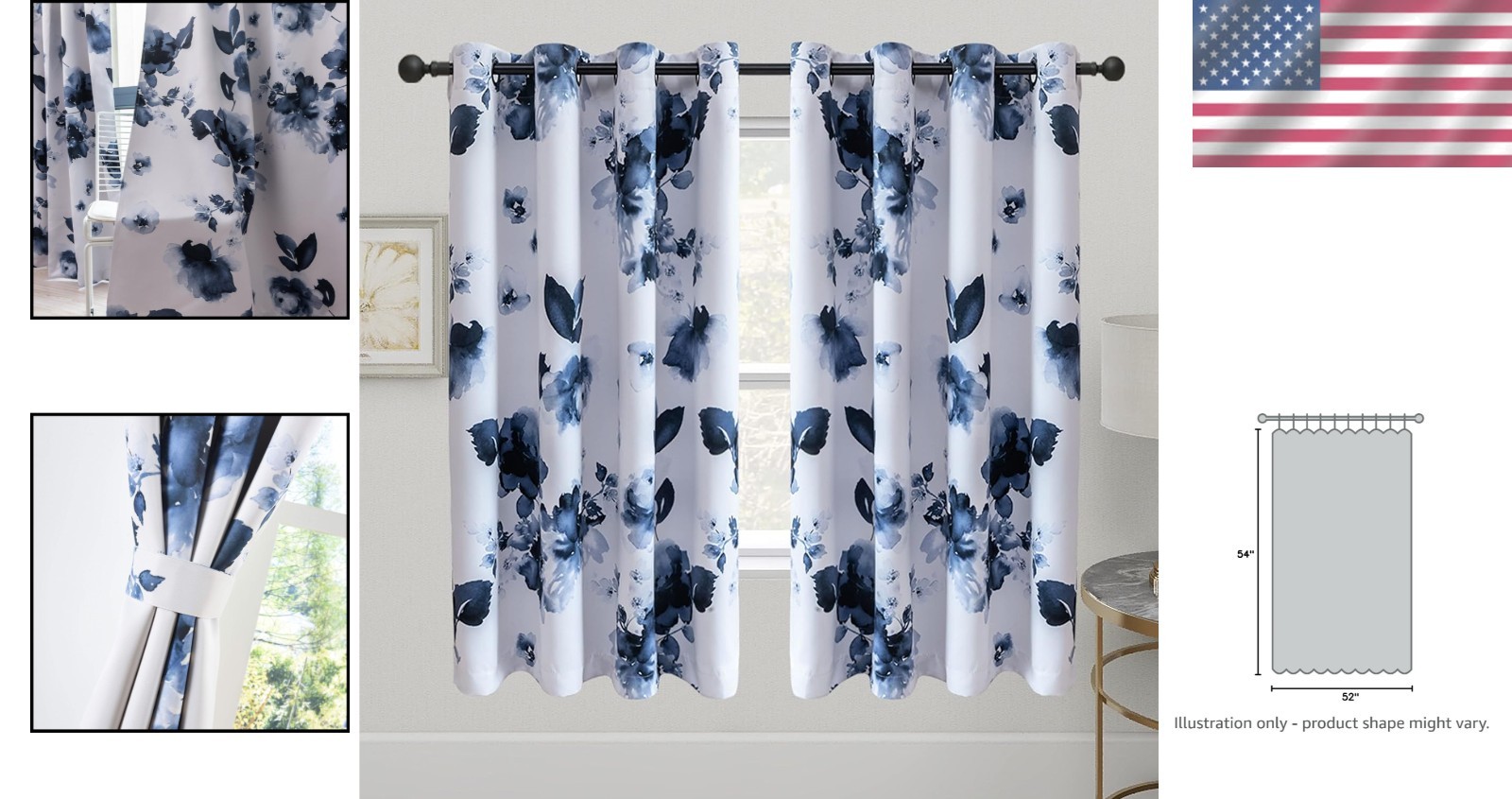 54-Inch Grommet Room Darkening Curtains – Elegant Chinese Ink Floral Design